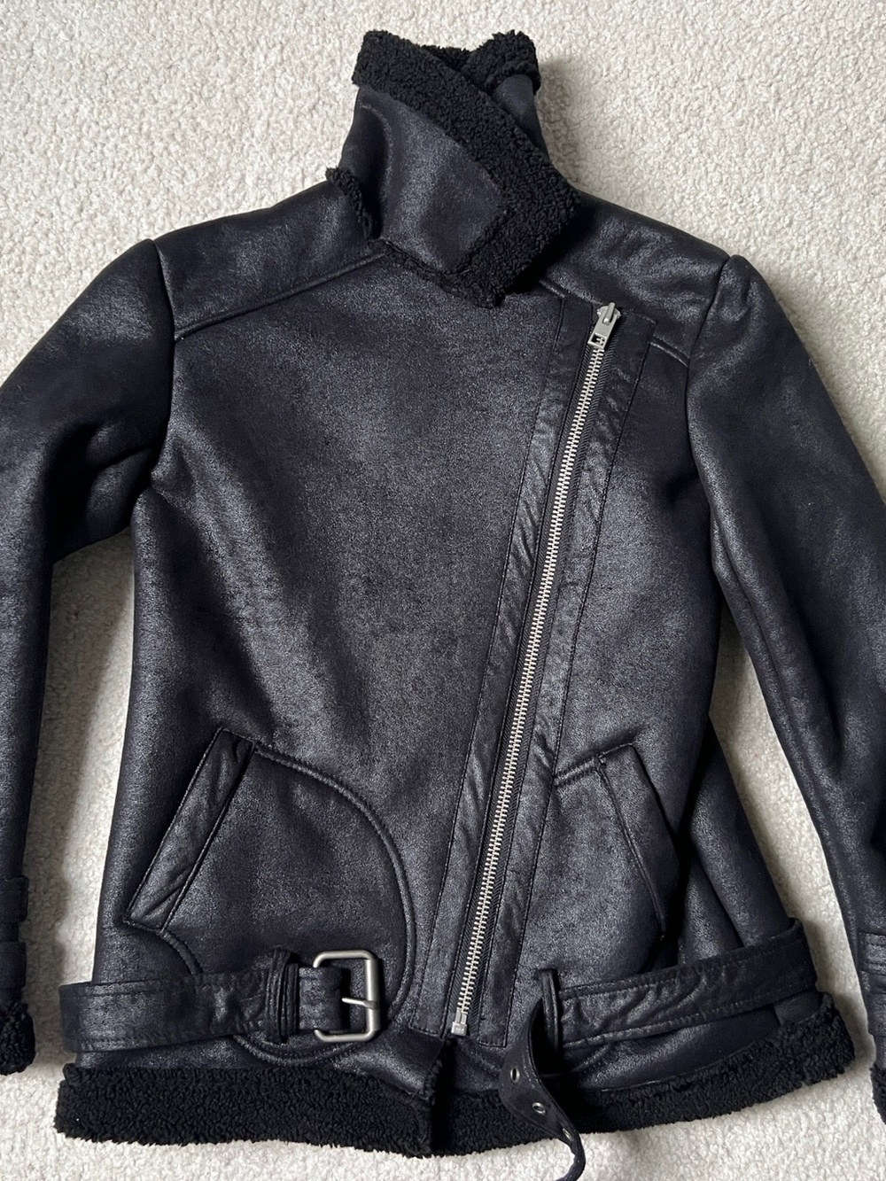 NWT American Eagle Women Faux Shearling Biker Jacket Black Sz XS Sherpa Aviator